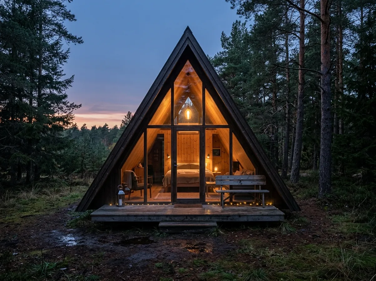 Cam cepheli A-frame glamping evi, akşam saatinde iç aydınlatma yanıyor