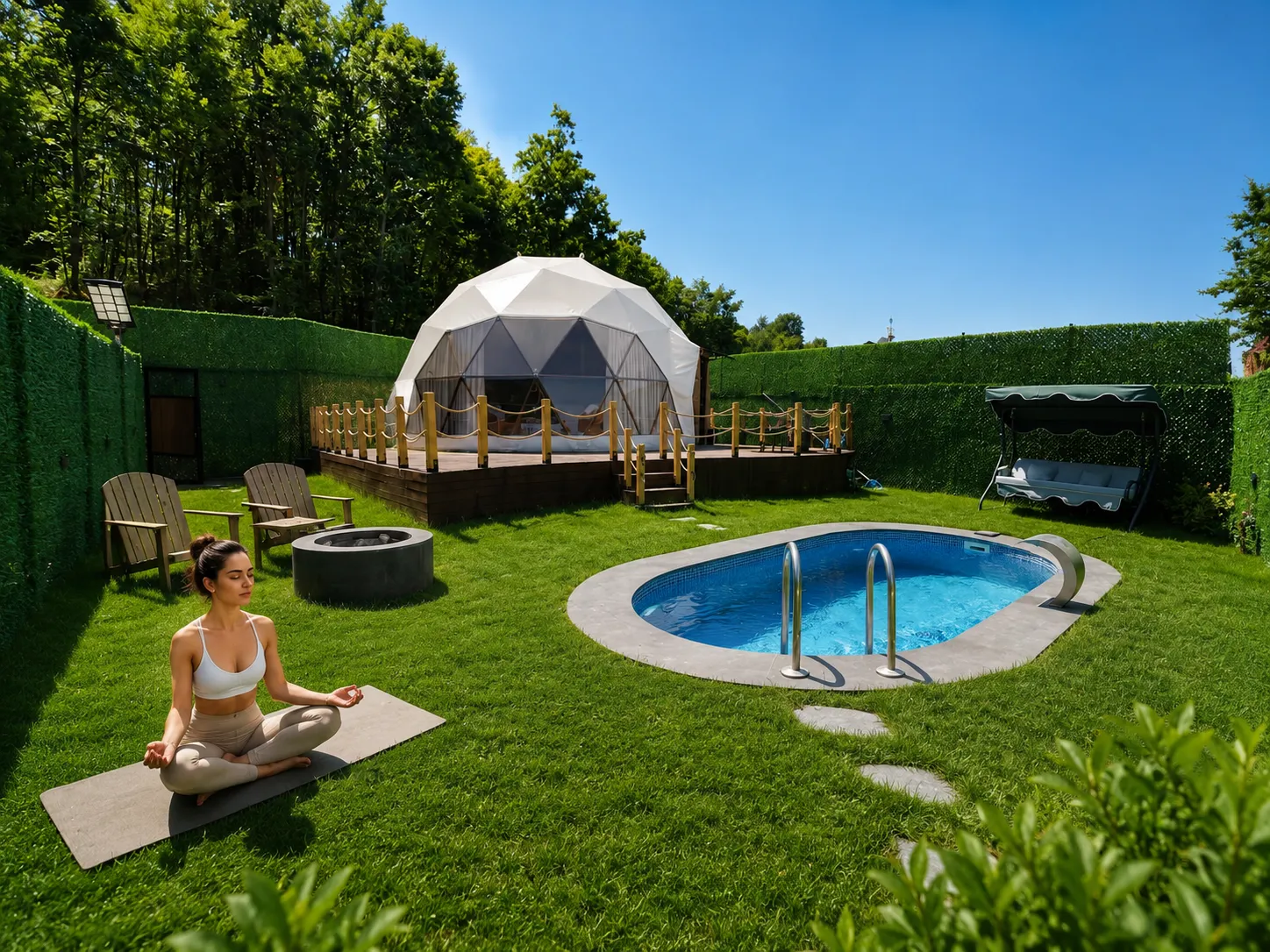 Kyklos Dome'un özel bahçesinde havuz kenarında yoga ve meditasyon