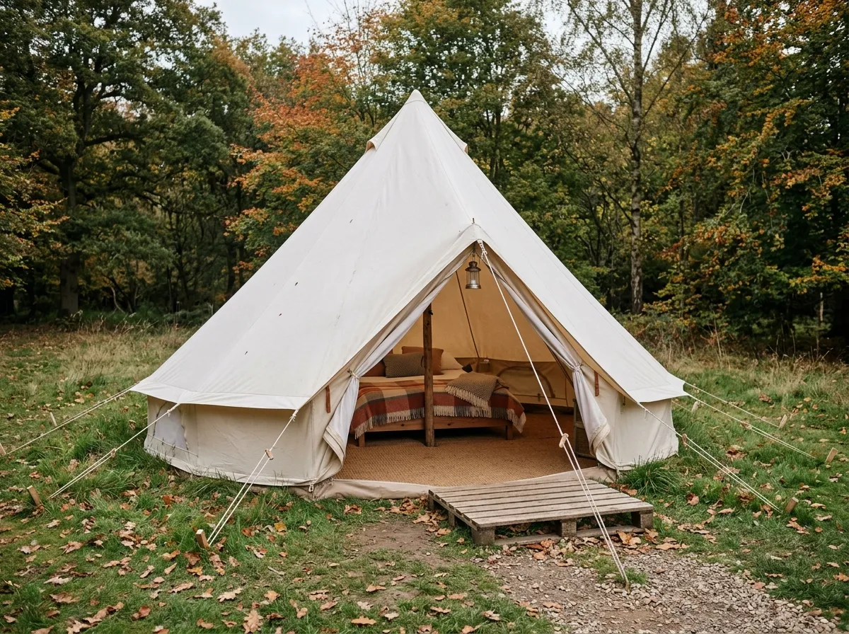Çim alanda kurulmuş pamuk kanvas bell tent, yan duvarları kaldırılmış