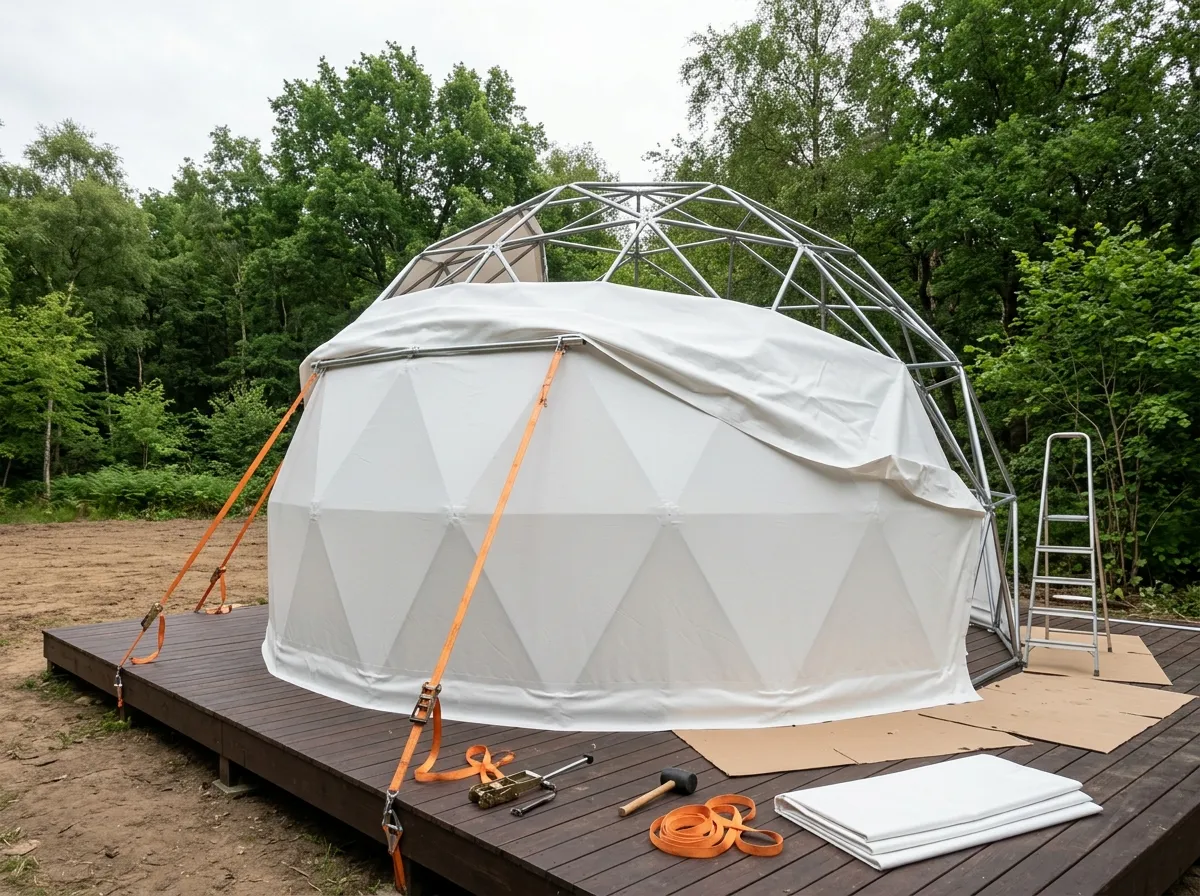 Dome çadır PVC membranının gergi kayışlarıyla çelik iskelet üzerine montajı