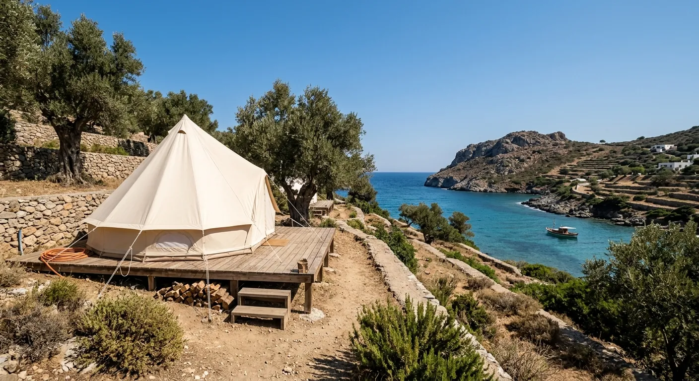 Ege koyuna bakan taraçada kurulmuş kanvas glamping çadırı ve zeytin ağaçları