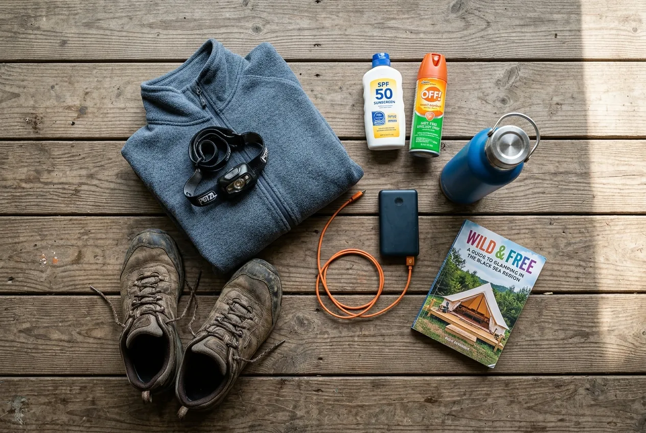 Glamping için hazırlanmış eşyalar: kapalı ayakkabı, polar, kafa lambası, powerbank ve su matarası