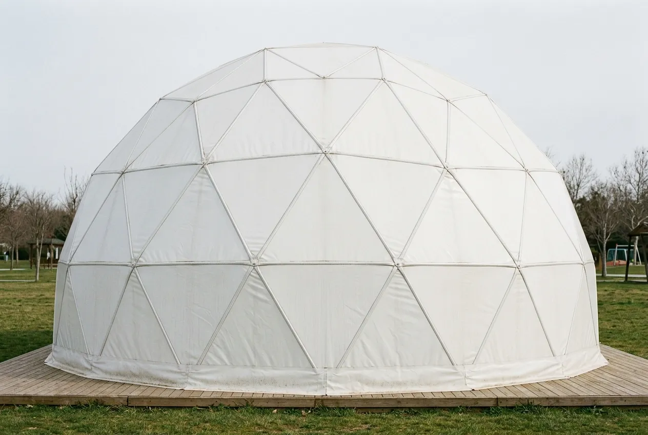 Jeodezik dome çadırın dış kabuğunda üçgen panellerin oluşturduğu geometrik desen