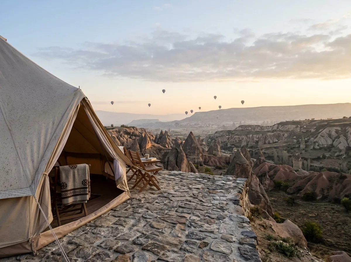 Kapadokya vadisine bakan taraçada glamping çadırı, uzakta balonlar