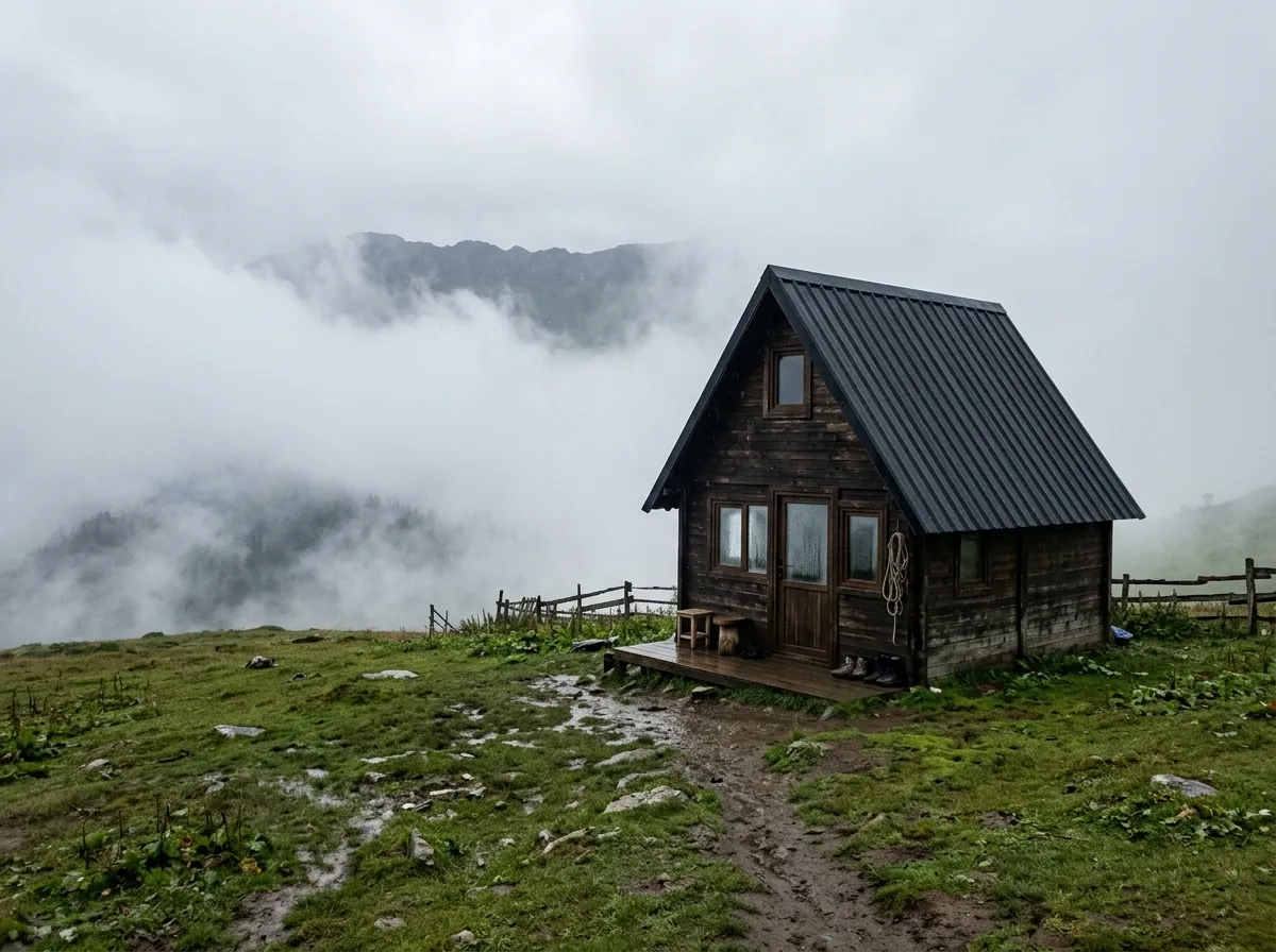 Sisli Karadeniz yaylasında ahşap konaklama ünitesi ve ıslak çayır