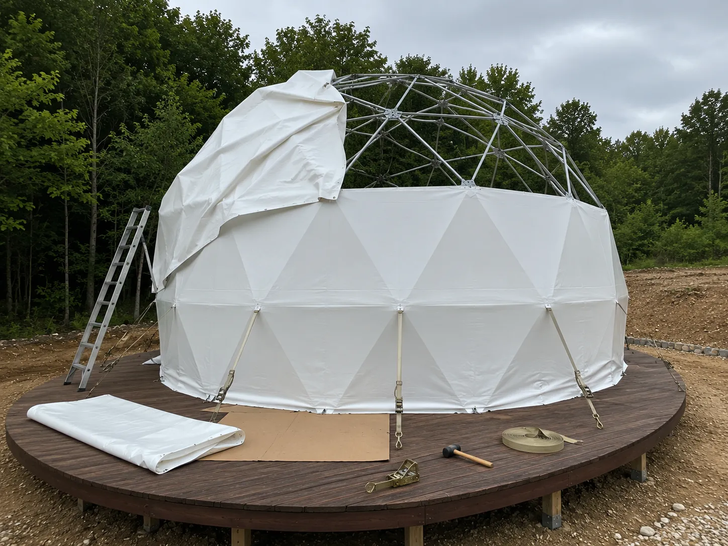 Dome çadır membranının gergi kayışlarıyla iskelet üzerine gerilmesi