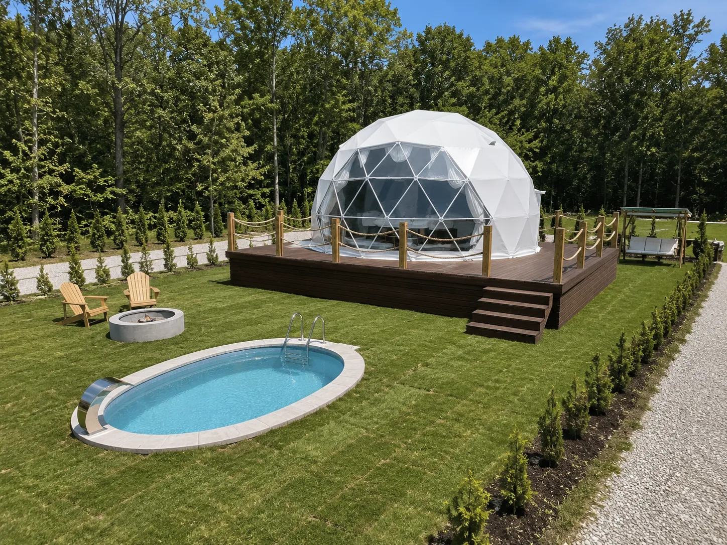 Anahtar teslim tamamlanan glamping ünitesi: dome, havuz, ateş çukuru ve peyzaj