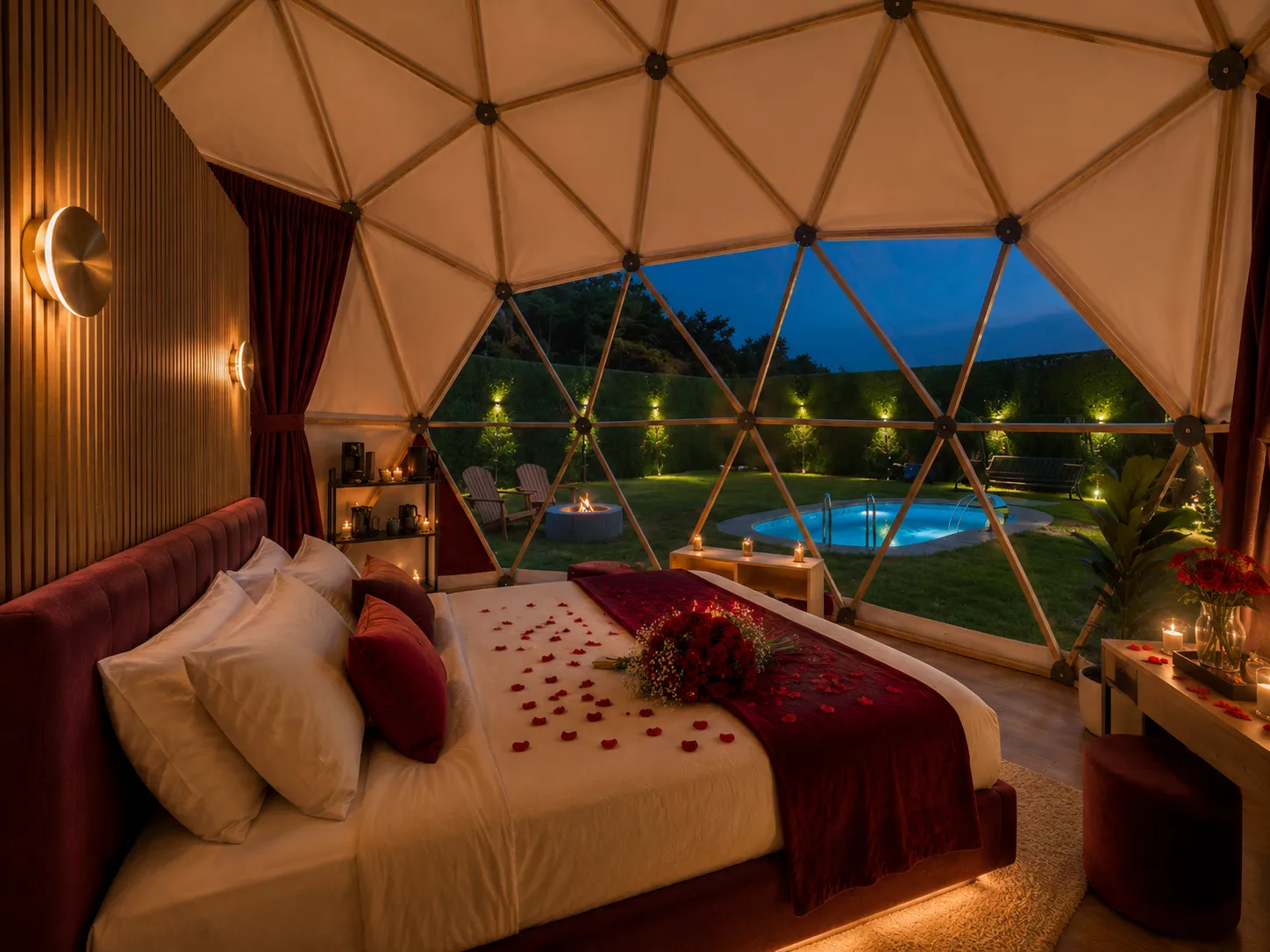 Selene Dome'da mum ışığı ve gül yapraklarıyla hazırlanmış gece düzeni, havuzlu bahçeye bakan cam cephe