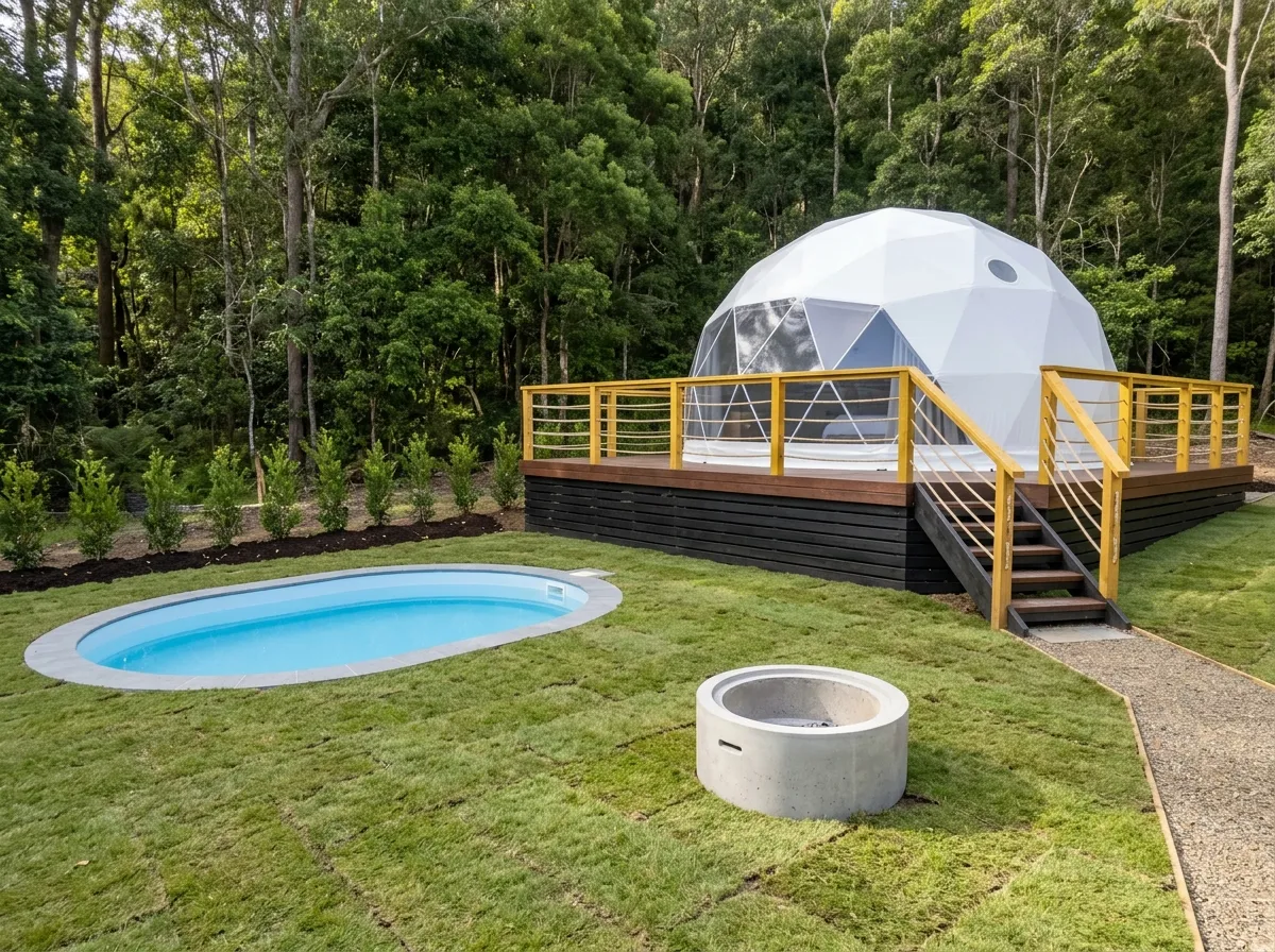 Anahtar teslim tamamlanmış glamping ünitesi: dome çadır, özel havuz, ateş çukuru ve yeni peyzaj