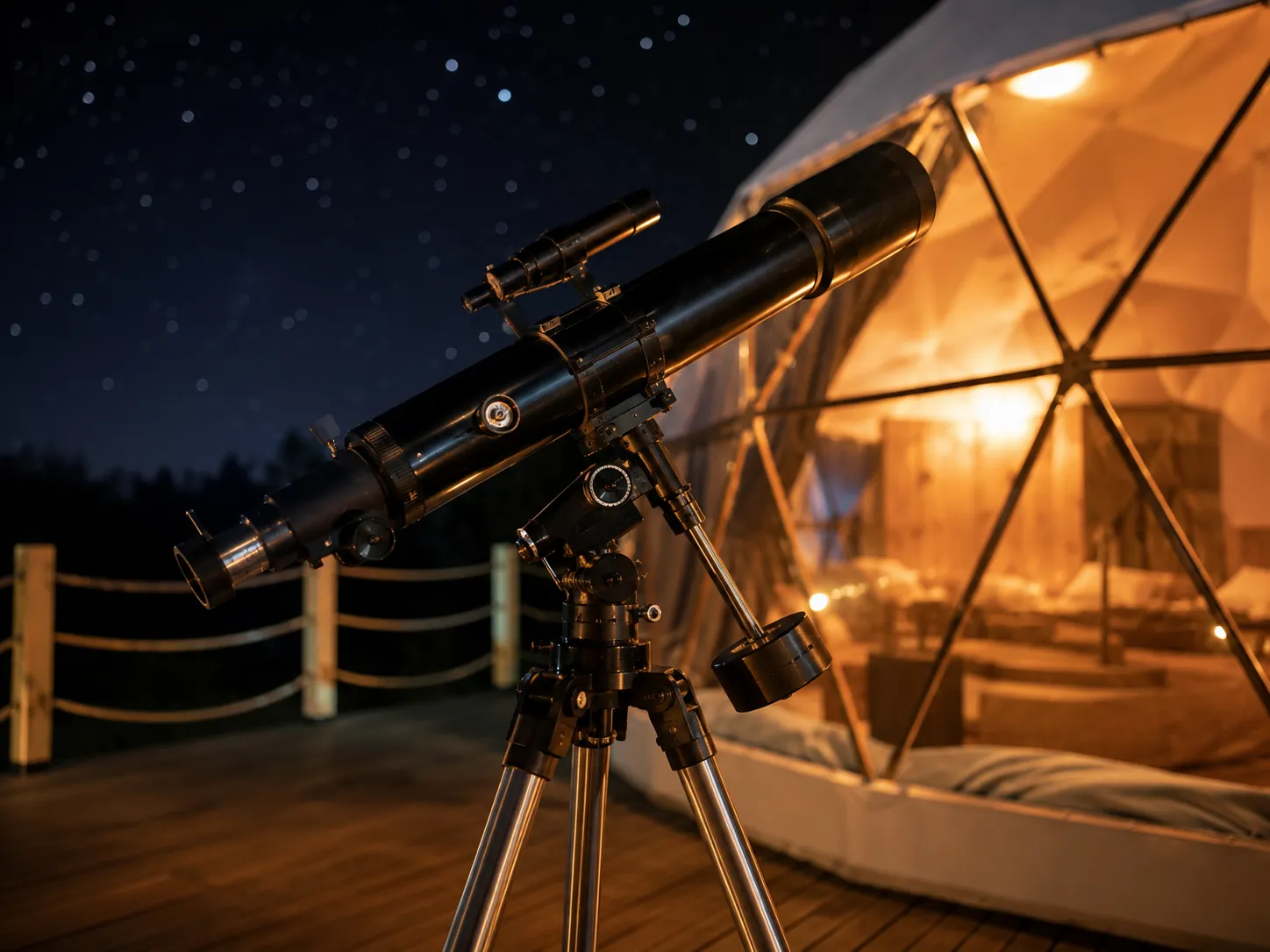 Dome çadırın terasında kurulu astronomik teleskop, yakın plan gövde ve tripod detayı