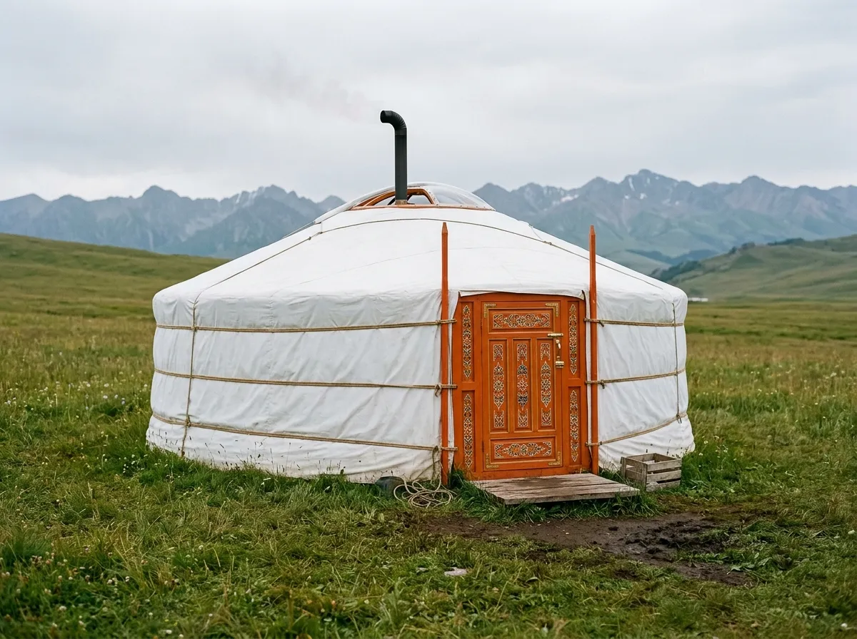 Ahşap kafes iskeletli yurt çadırı, tepe halkası ve soba bacası görünüyor